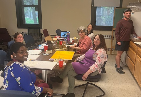 Some CHOIR Creatives Club members gathered to paint and sculpt together, some at the Bedford VA Medical Center and others at the Boston location (shown digitally joining on the laptop screen). 
