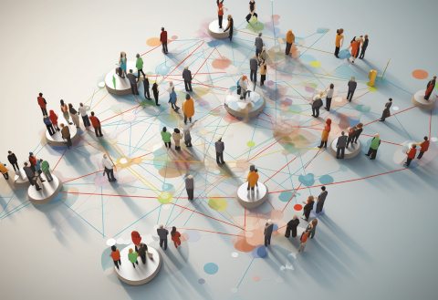 Click to learn about CHOIR's Veteran Consultant Network graphic showing groups of people standing on platforms, connected in network by various colored lines and dots